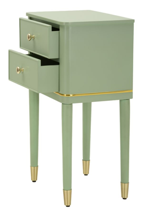 Noptieră verde salvie din lemn de pin și MDF cu două sertare și accente aurii design elegant [4]