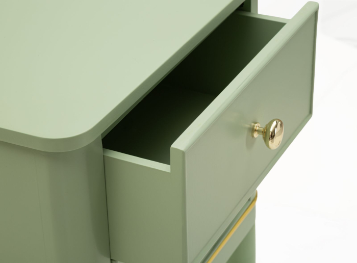 Noptieră verde salvie din lemn de pin și MDF cu două sertare și accente aurii design elegant [7]