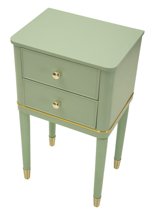 Noptieră verde salvie din lemn de pin și MDF cu două sertare și accente aurii design elegant [3]