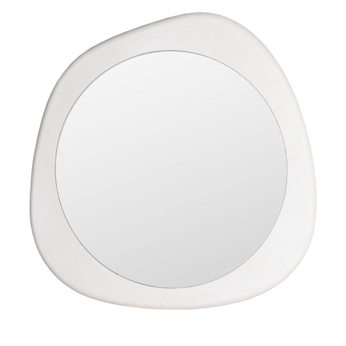 Oglindă albă din MDF cu sticlă decorativă formă organică – vedere frontală, ramă albă rotunjită. [1]