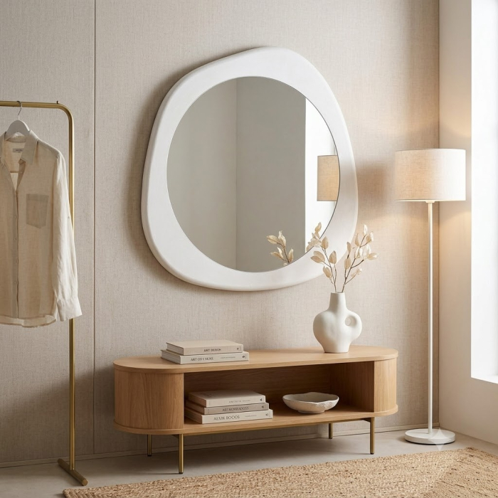 Oglindă albă din MDF cu sticlă decorativă formă organică – vedere frontală, ramă albă rotunjită. [2]