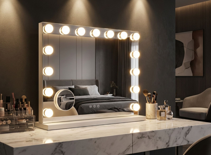 Oglinda de masa cu LED si rama alba din fier 55x43 cm [10]