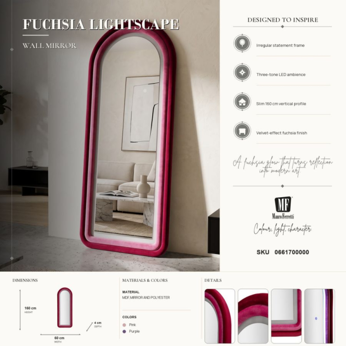 Oglindă de perete arcuită cu iluminare LED integrată în finisaj catifelat roz-fucsia [12]