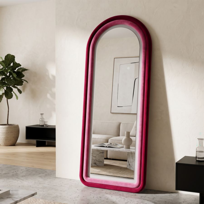 Oglindă de perete arcuită cu iluminare LED integrată în finisaj catifelat roz-fucsia [2]