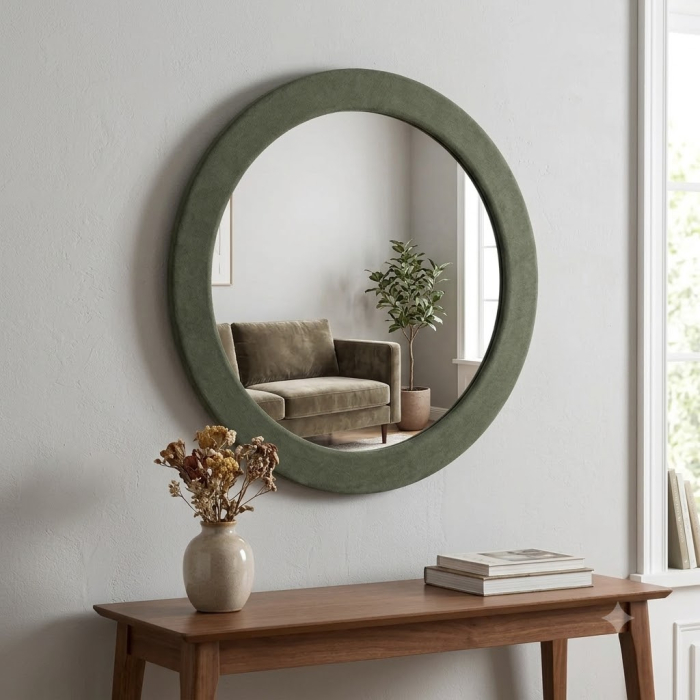Oglinda rotunda moderna cu rama textila verde - CreativDeco [2]
