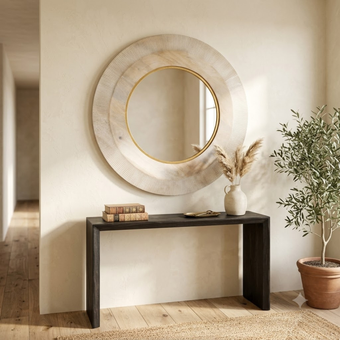 Oglinda de perete rotunda lemn de mango alb auriu 90 x 5 cm [2]