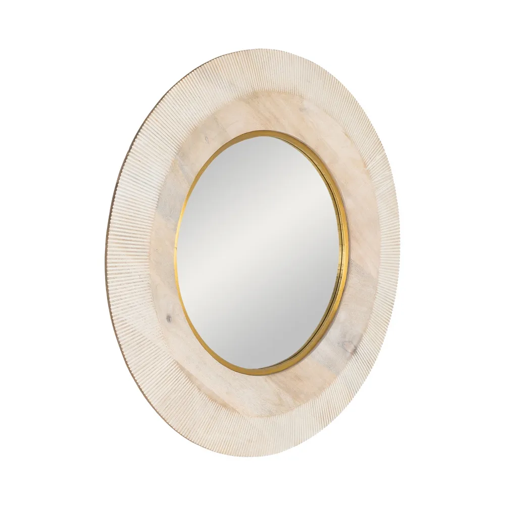 Oglinda de perete rotunda lemn de mango alb auriu 90 x 5 cm [3]
