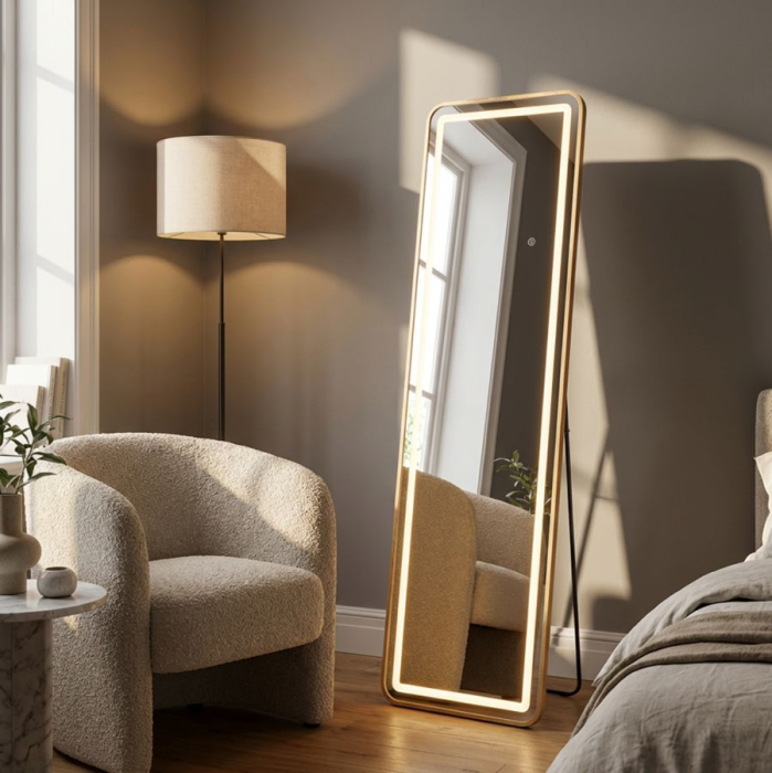 Oglinda de podea cu LED dreptunghiulara din aluminiu auriu 38x160 cm [4]