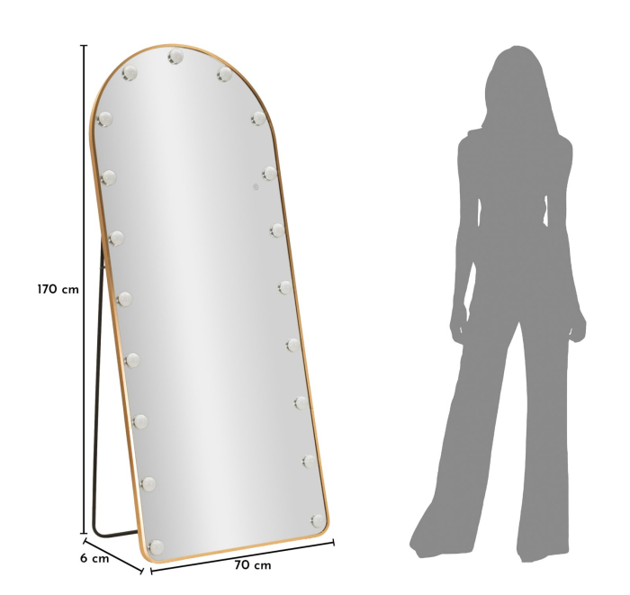 Oglinda de podea cu LED si forma arcuita din aluminiu auriu 45x170 cm [9]