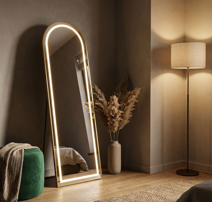 Oglinda de podea cu LED si forma arcuita din aluminiu auriu 38x160 cm [9]