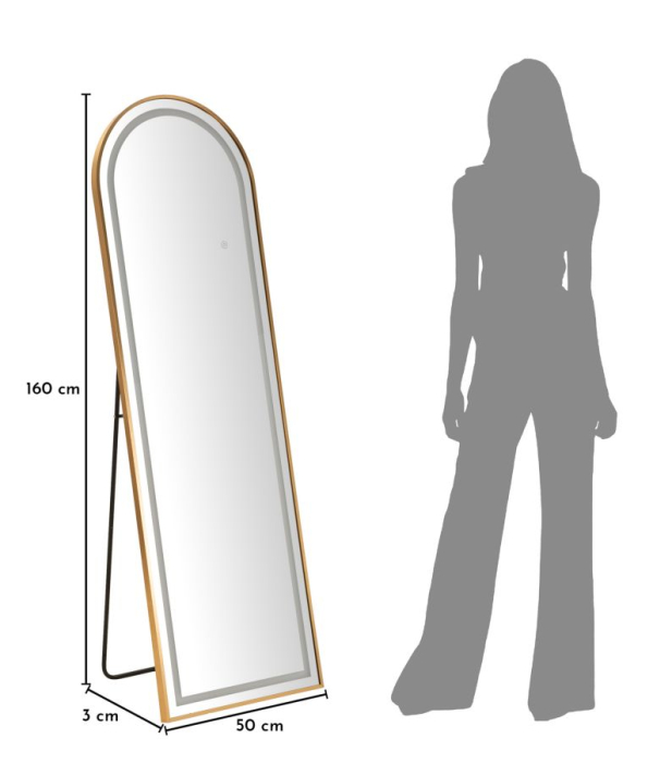 Oglinda de podea cu LED si forma arcuita din aluminiu auriu 38x160 cm [10]