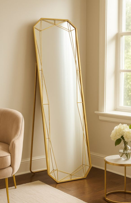 Oglinda de podea cu rama geometrica din metal auriu si MDF 46x153 cm [2]