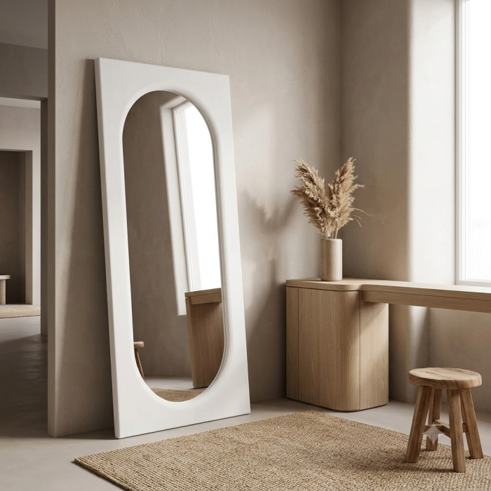 Oglindă decorativă albă din MDF cu formă arcuită și ramă minimalistă [2]