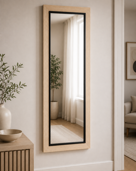 Oglindă înaltă din lemn natural cu contur interior negru [2]