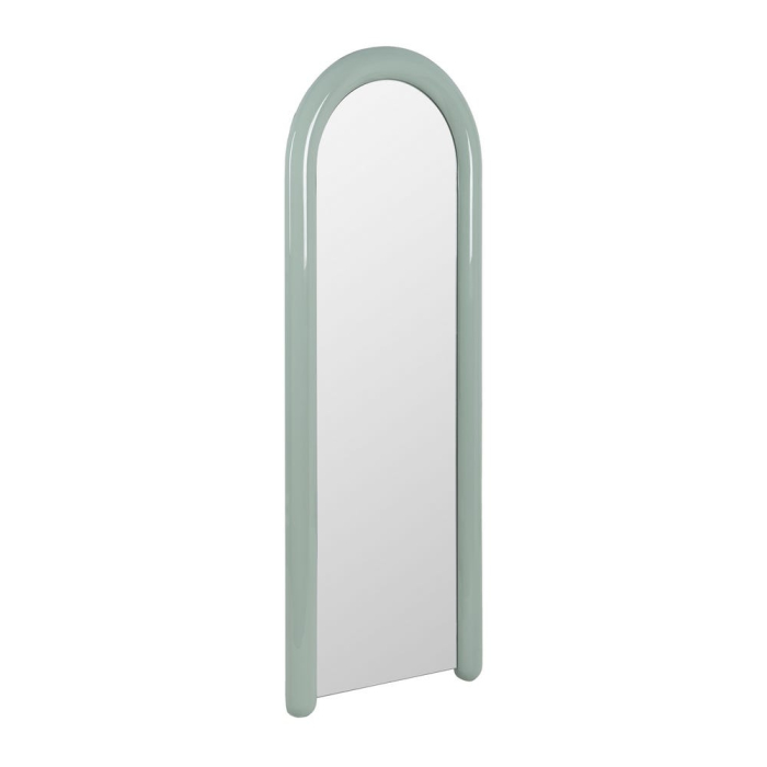 Oglindă pentru dressing verde lăcuită din MDF cu ramă arcuită – vedere frontală, ramă verde pastel lucioasă. [3]