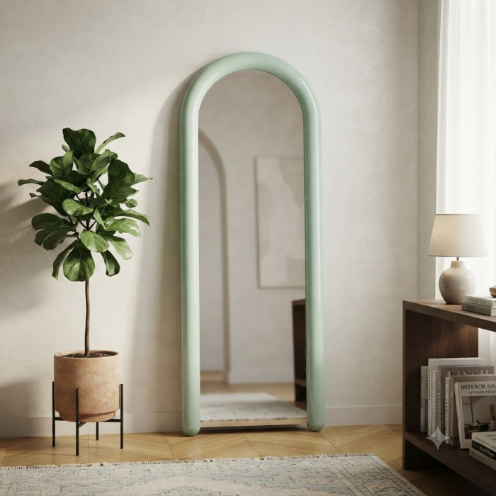 Oglindă pentru dressing verde lăcuită din MDF cu ramă arcuită – vedere frontală, ramă verde pastel lucioasă. [2]