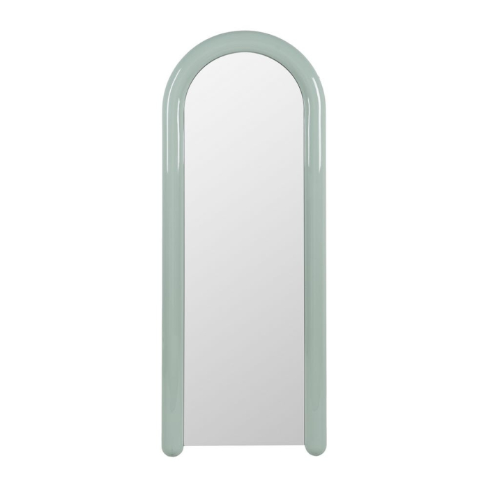 Oglindă pentru dressing verde lăcuită din MDF cu ramă arcuită – vedere frontală, ramă verde pastel lucioasă. [2]