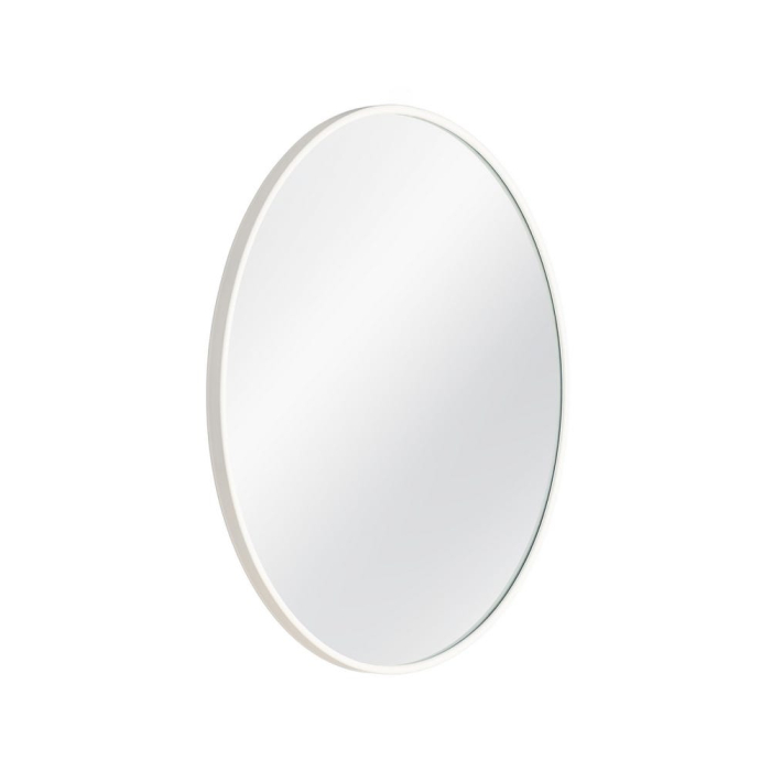 Oglindă rotundă cu ramă din metal alb mat cu contur subțire pentru dormitor pe un perete colorat [2]
