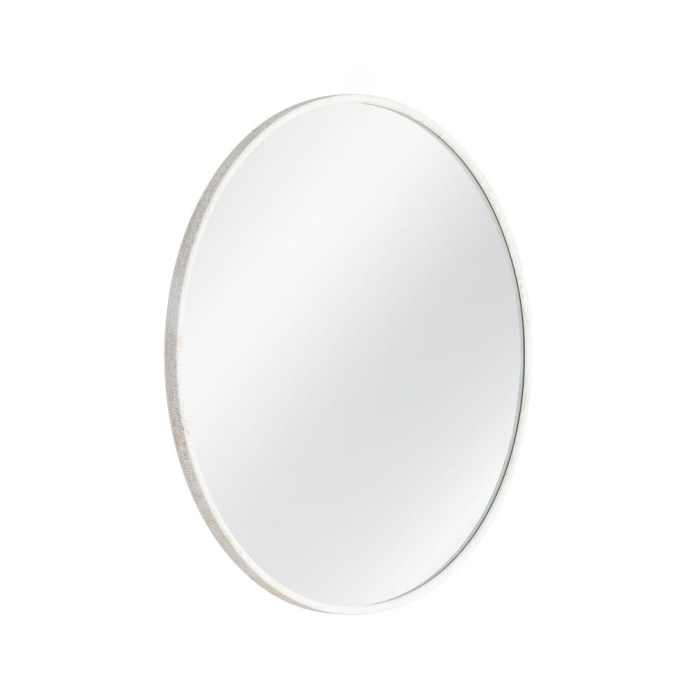 Oglindă rotundă de perete cu ramă din metal alb nisipat cu aspect de var vechi pe un perete [2]