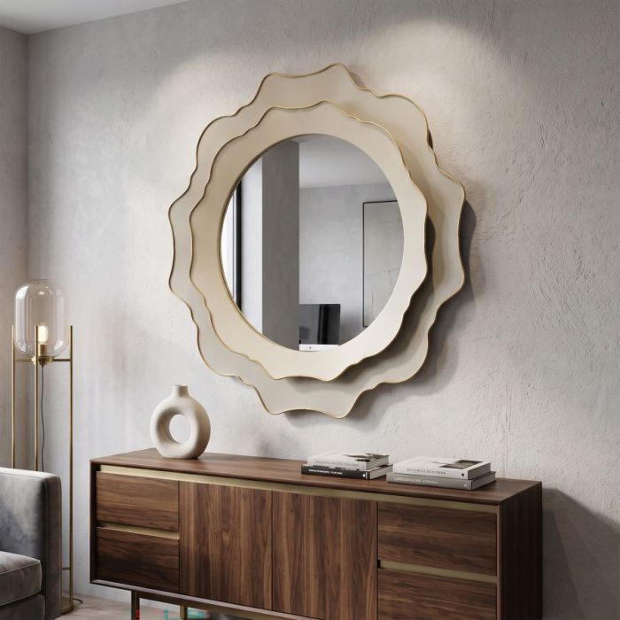 Oglindă rotundă decorativă cu contur ondulat și finisaj crem-gri [2]