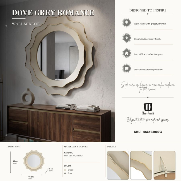 Oglindă rotundă decorativă cu contur ondulat și finisaj crem-gri [7]