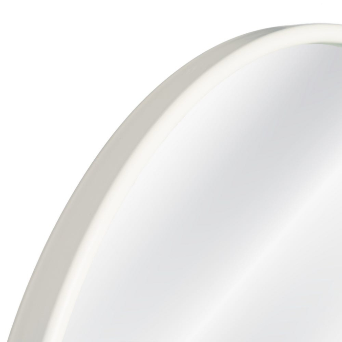 Oglindă rotundă mică cu ramă din metal alb mat și agățătoare încorporată pe un perete colorat [4]