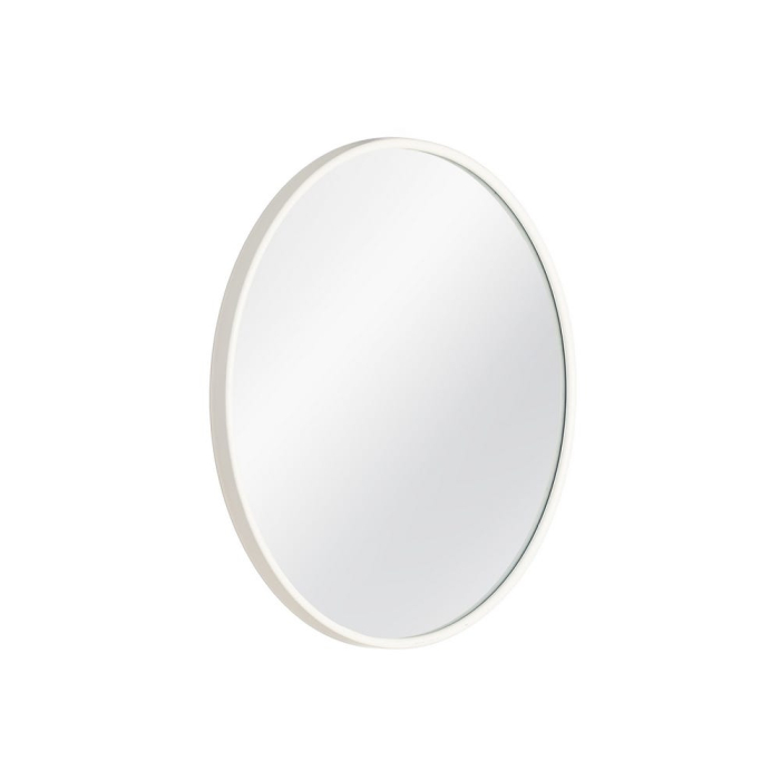 Oglindă rotundă mică cu ramă din metal alb mat și agățătoare încorporată pe un perete colorat [2]
