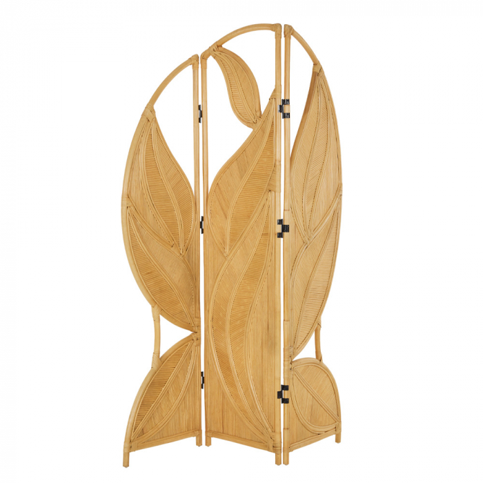 Paravan decorativ Leaf Palm ratan natural sculptural stil rustic contemporan - imagine frontală cu lumină caldă [2]