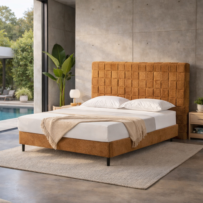 pat modern tapițat, tăblie înaltă, catifea camel, ideal pentru dormitor elegant [2]