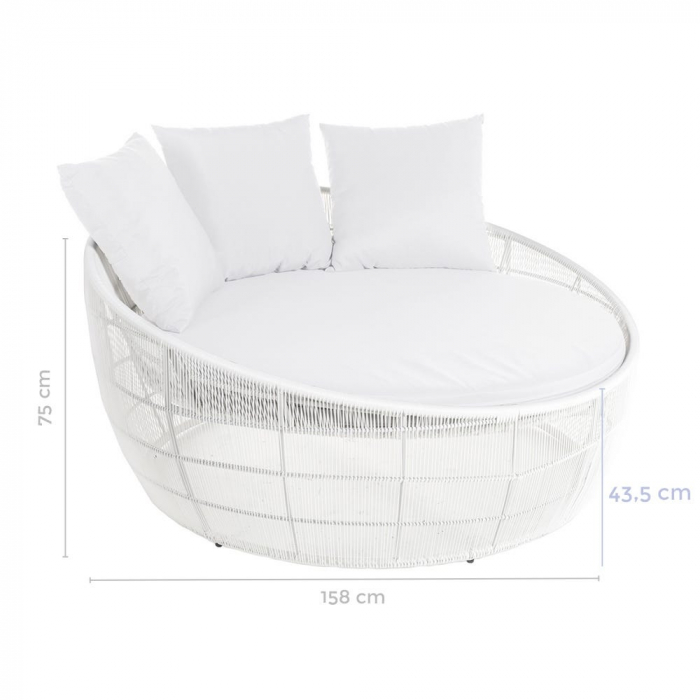 Perspectivă frontală – pat rotund DIDO din ratan alb cu saltea și perne decorative [2]