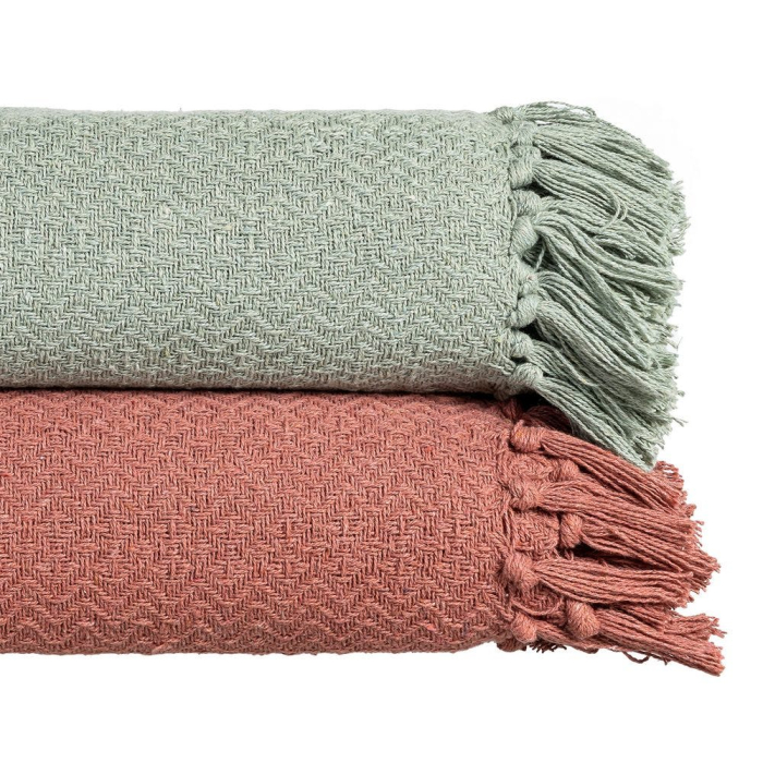 Pătură verde salvie din bumbac și stofă cu franjuri 180 x 270 cm [2]