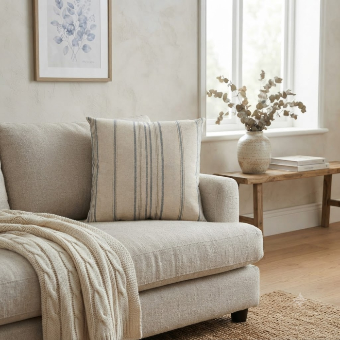 Perna decorativa patrata crem cu albastru si gri din bumbac si in 60 x 60 cm [2]