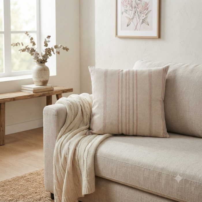 Perna decorativa patrata crem cu roz si gri din bumbac si in 60 x 60 cm [2]