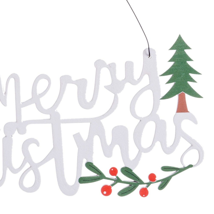 Placă decorativă Merry Christmas din lemn alb de agățat cu brăduț verde frunze de ilice și clopoței aurii [2]