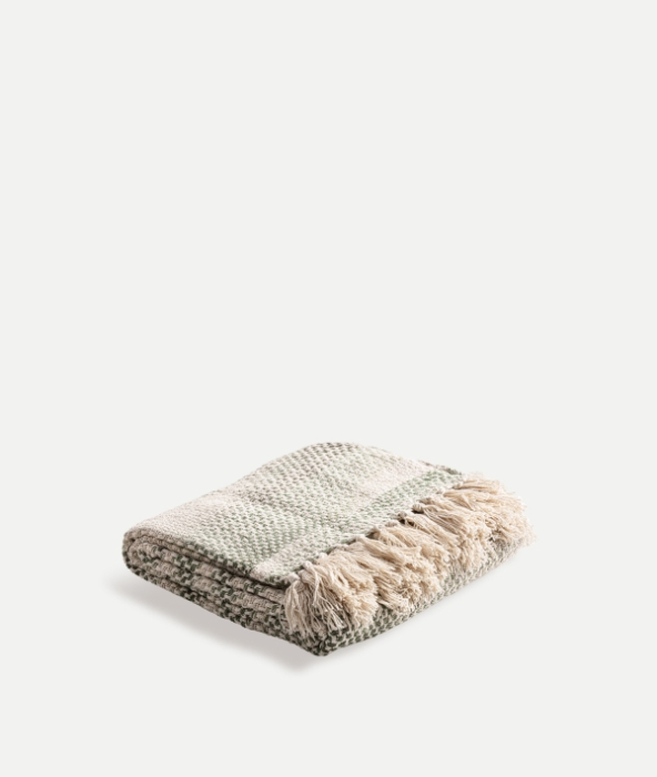 Pled 100% bumbac bej cu accente verzi si textura decorativa Esarhe [2]