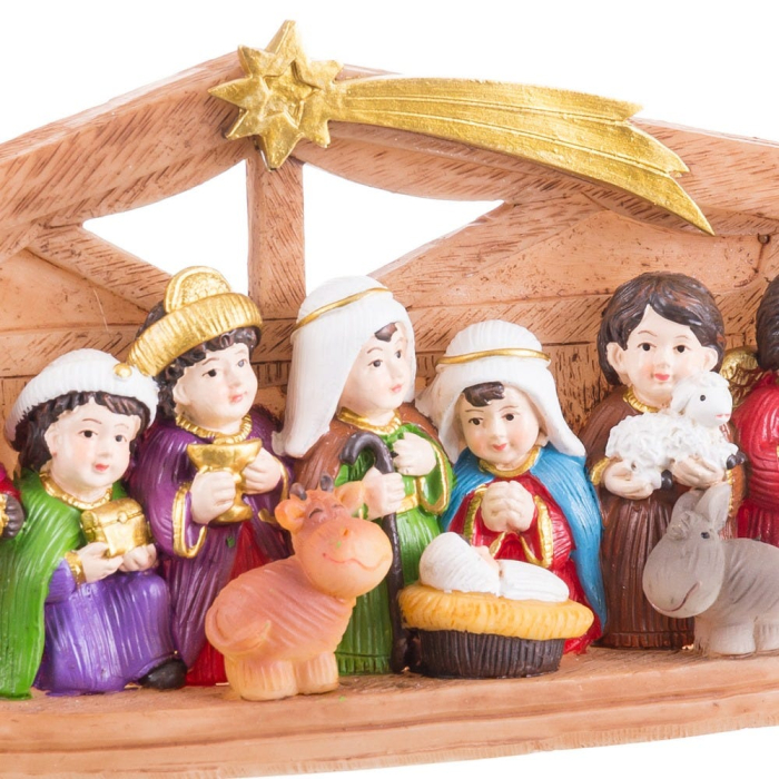Portal al Nașterii din rășină pictată cu zece figurine colorate trei crai păstor iesle și stea aurie [2]