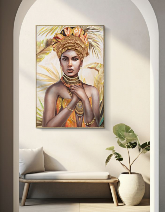 Portret femeie africana turban auriu canvas rama lemn - CreativDeco.ro [5]