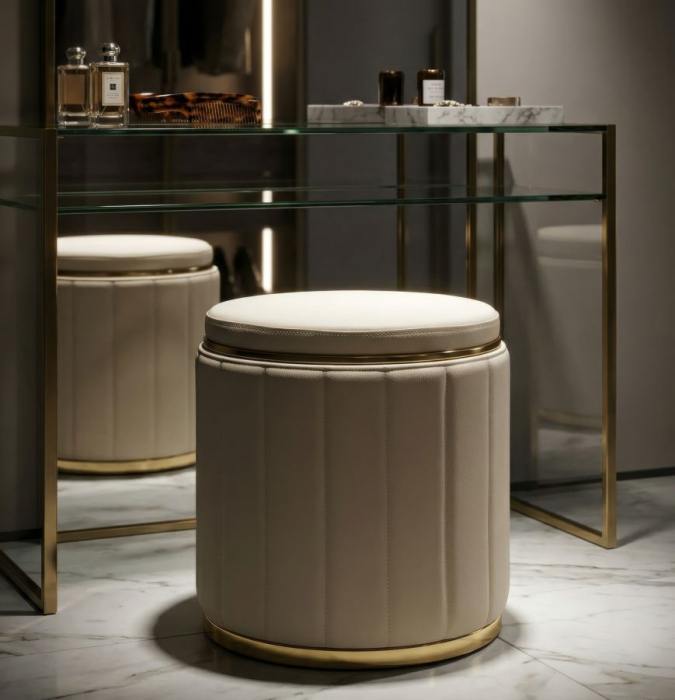 Puf rotund cu spațiu de depozitare crem și detalii aurii design modern [8]