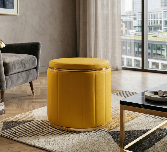 Puf rotund cu spațiu de depozitare galben muștar cu detalii aurii design modern [7]