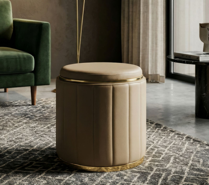 Puf rotund cu spațiu de depozitare maro și detalii aurii design modern [7]