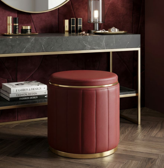 Puf rotund cu spațiu de depozitare roșu cu detalii aurii design modern [7]