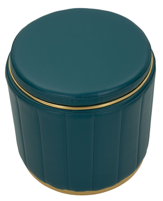 Puf rotund cu spațiu de depozitare verde petrol cu detalii aurii design modern [2]