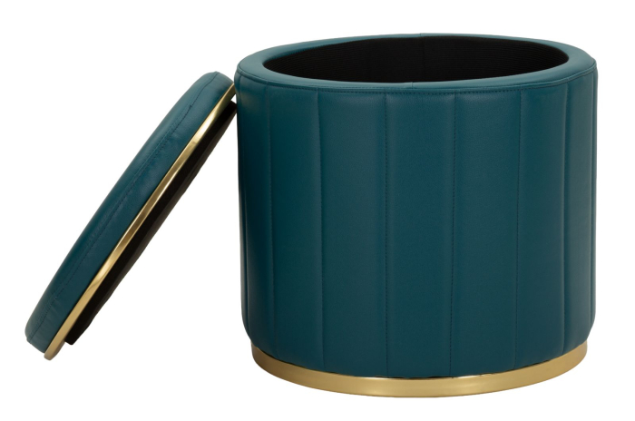 Puf rotund cu spațiu de depozitare verde petrol cu detalii aurii design modern [4]