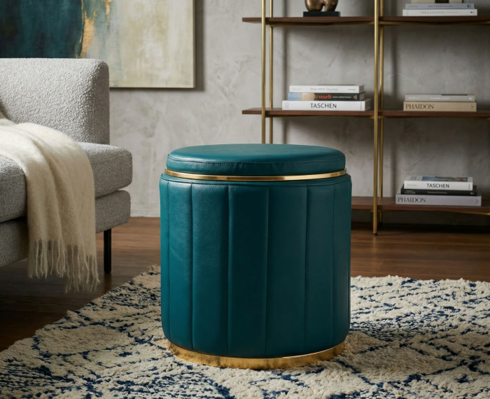 Puf rotund cu spațiu de depozitare verde petrol cu detalii aurii design modern [7]