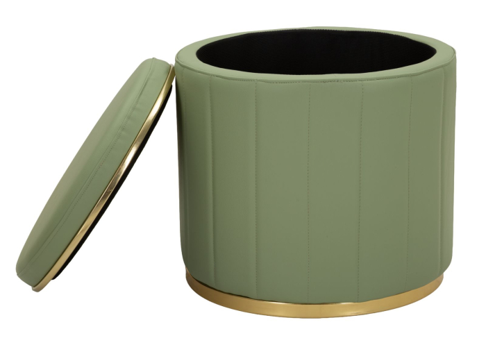 Puf rotund cu spațiu de depozitare verde salvie cu detalii aurii design modern [4]