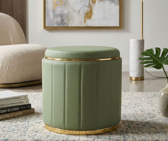 Puf rotund cu spațiu de depozitare verde salvie cu detalii aurii design modern [7]