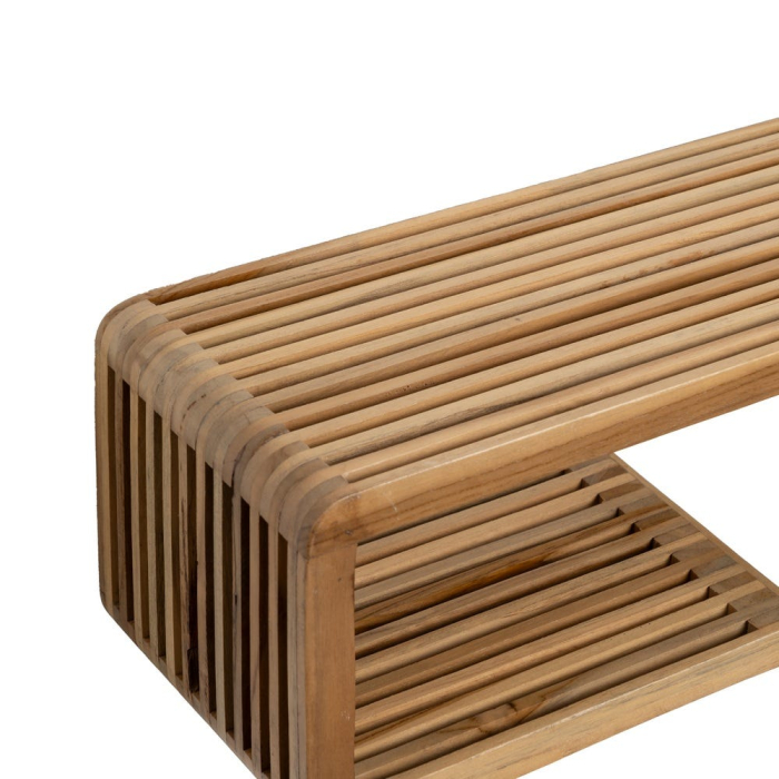 Raft de perete din tec reciclat waterfall cu șipci canelate – vedere frontală, textură de tec și caneluri tip baguette. [3]
