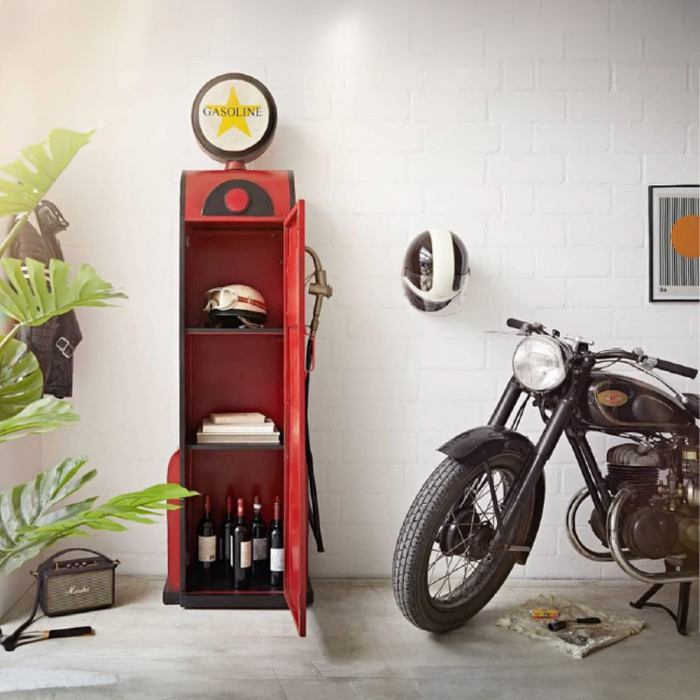 Raft decorativ Gasoline din metal roșu stil pompă benzină – vedere frontală [2]