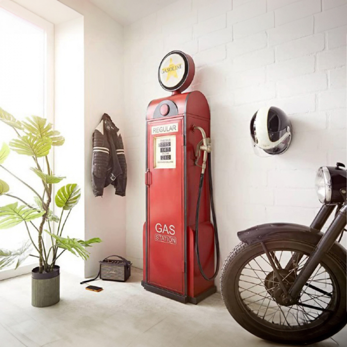 Raft decorativ Gasoline din metal roșu stil pompă benzină – vedere frontală [1]