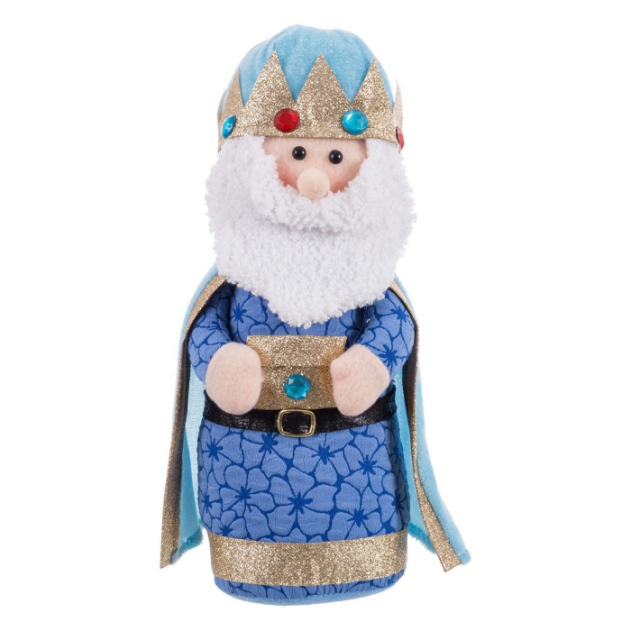 Rege albastru din textil cu coroană cu pietre colorate barbă albă mantie cu stele și cufăr auriu [1]